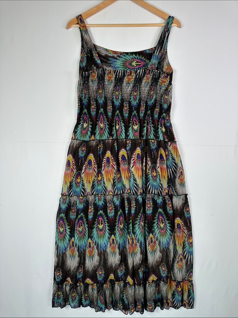 Peacock Feather Print Tiered Midi Dress Multicolor Ruched Back Wide Strap Boho - Picture 5 of 7
